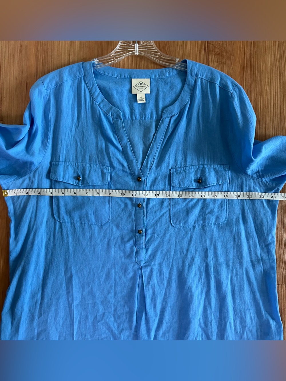 St. John's Bay Blue Women's Tunic Henley Blouse with chest pockets - Picture 5 of 7